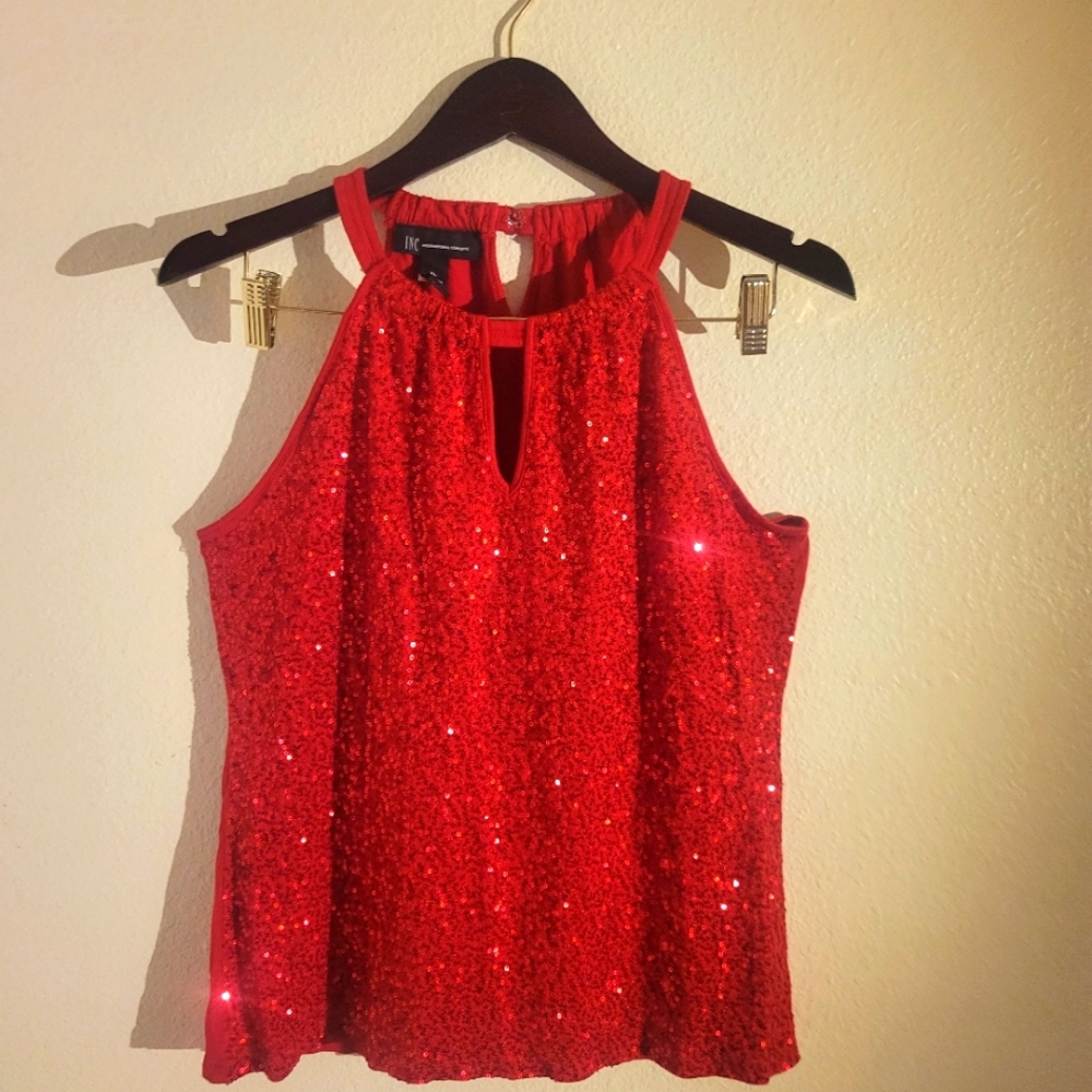 INC International Concepts Red Sleeveless Sequin Halter Top size XL